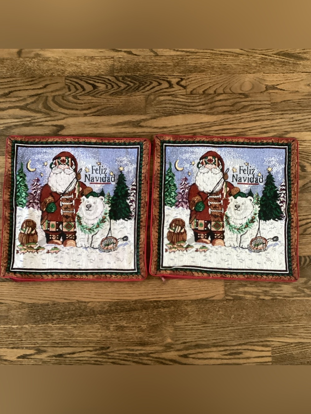 Feliz Navidad Santa & Polar Bear Holiday Tapestry Pillow Covers Set of 2